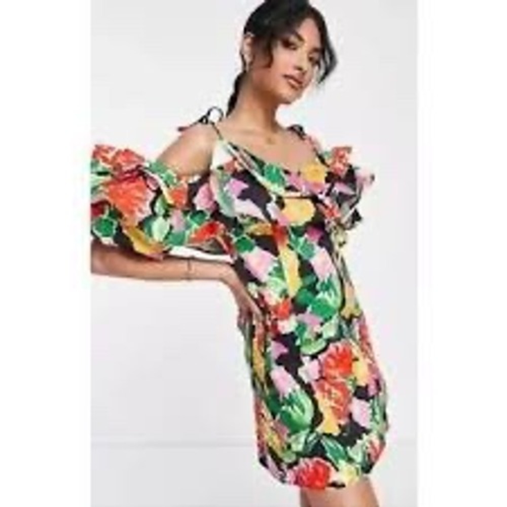 Topshop Floral Ruffle Cold Shoulder Mini Dress Womens 8 Multicolor Cotton Bold